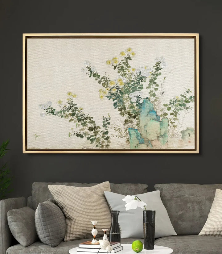 Mise en situation salon moderne Tableau Flourish Massinart — décoration murale minimaliste nature