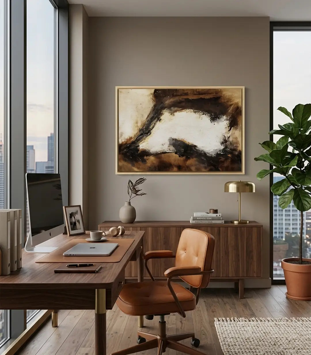 Mise en situation salon moderne, tableau abstrait Amber Canyon au-dessus de meuble, Massinart