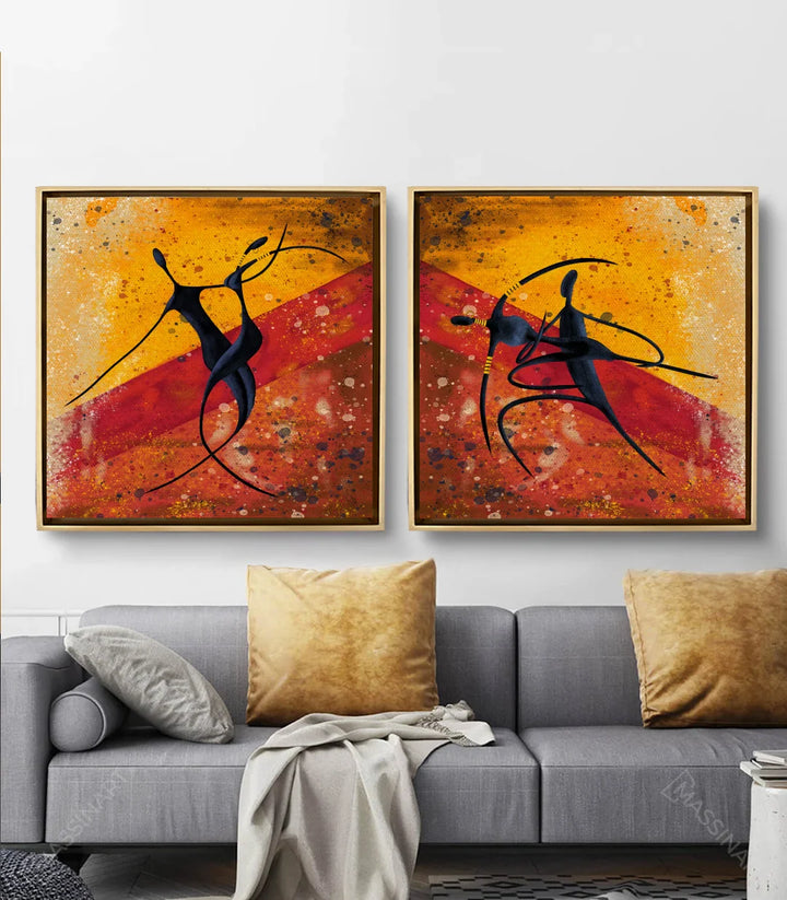 Mise en situation salon moderne — diptyque danse en couple au-dessus du canapé gris avec coussins dorés Massinart