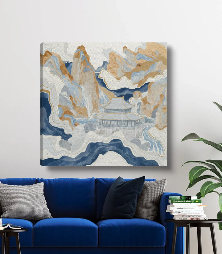 Tableau architecture pagode, paysage montagneux abstrait carré, palette zen Massinart