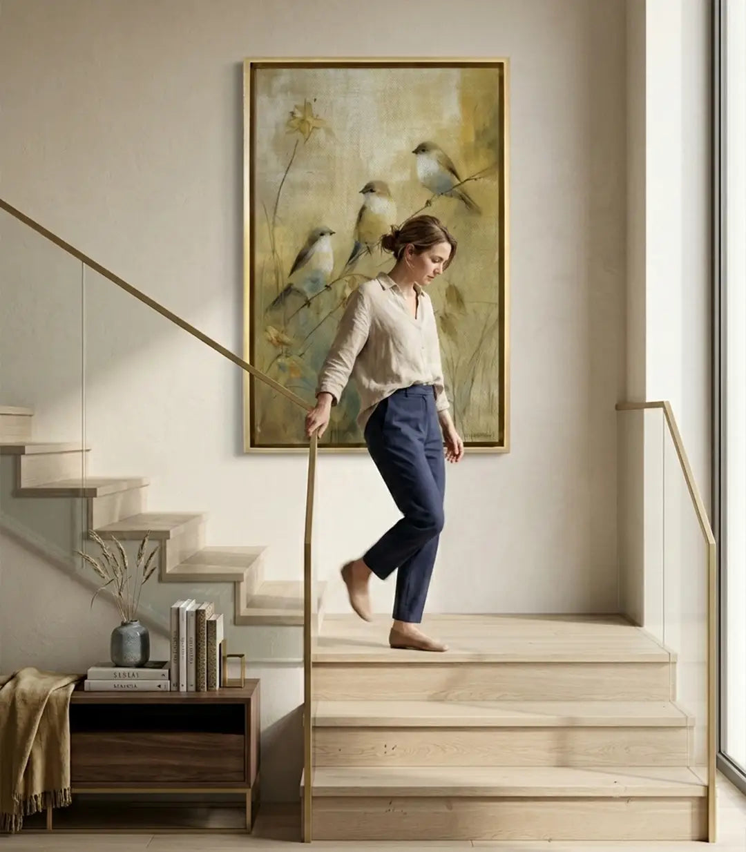 Mise en situation salon moderne Tableau Songbirds Massinart — décoration murale escalier