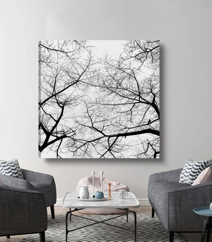 Mise en situation salon moderne — Tableau Branches Fade Massinart paysage minimaliste