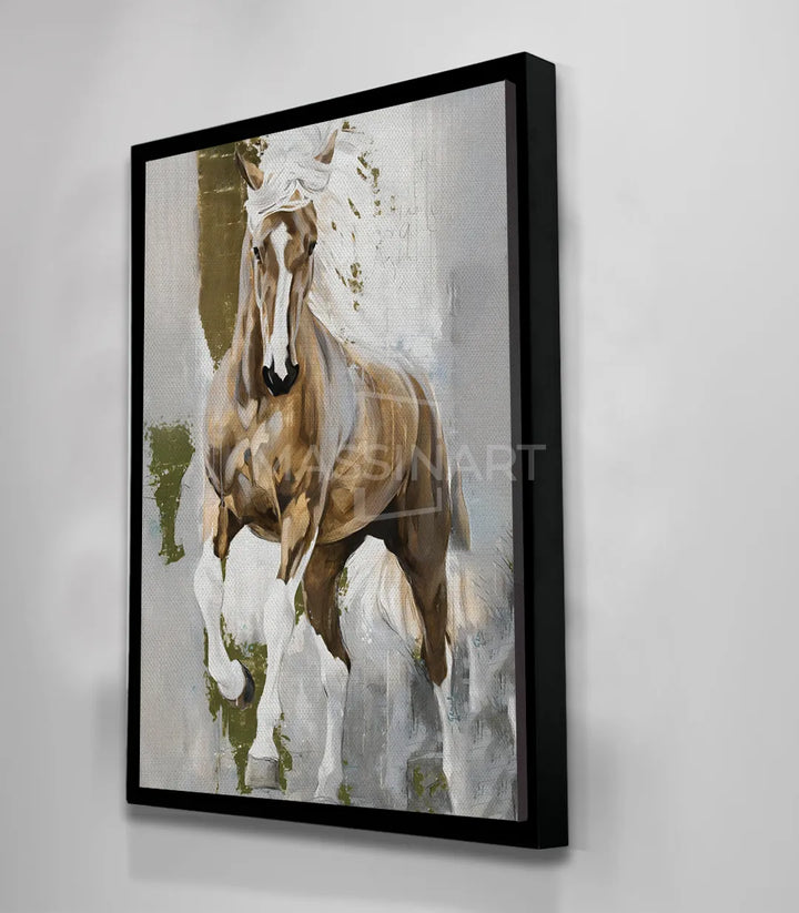 Mise en scène intérieur, tableau cheval blanc cadre noir salon moderne Massinart