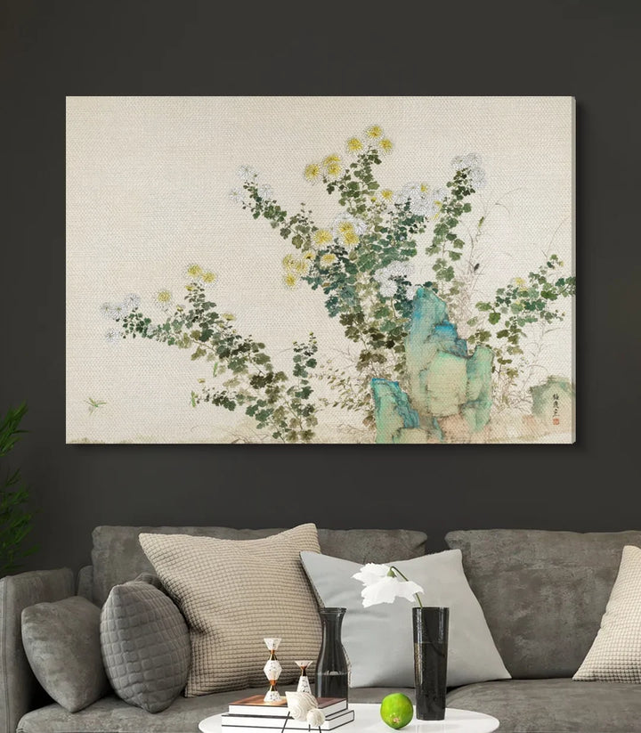 Mise en situation salle à manger Tableau Flourish Massinart — art mural nature zen