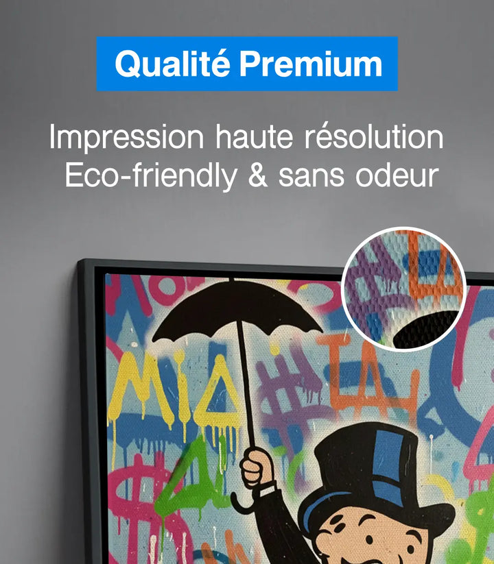 Mise en situation salon — Tableau street-art Money Dreams au-dessus du lit design Massinart