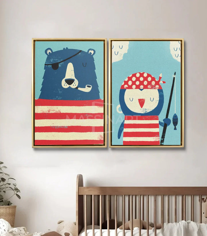 Tableau chouette matelot pêcheur bleu rouge Massinart chambre enfant