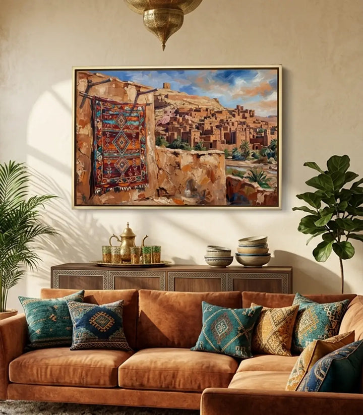 Mise en situation salon marocain avec tableau Kasbah rouge au-dessus de meuble en bois Massinart