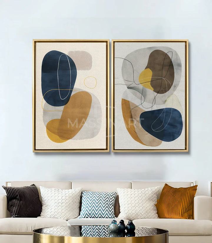 Tableau Sway diptyque abstrait minimaliste — mise en situation salon moderne avec canapé beige Massinart