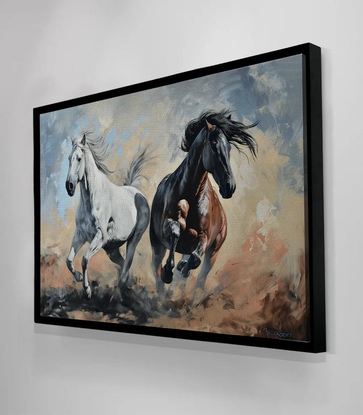 Mise en situation bureau — tableau chevaux sauvages horizontal ambiance luxe Massinart