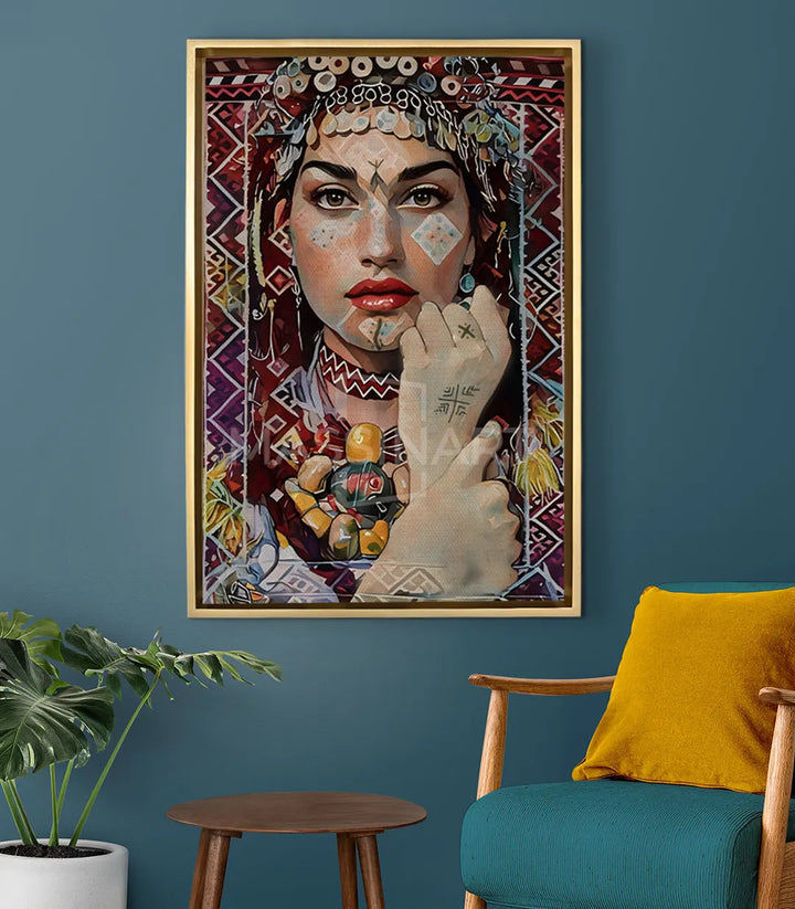 Tableau Amazigh Gaze mise en situation salon marocain mur bleu-gris Massinart