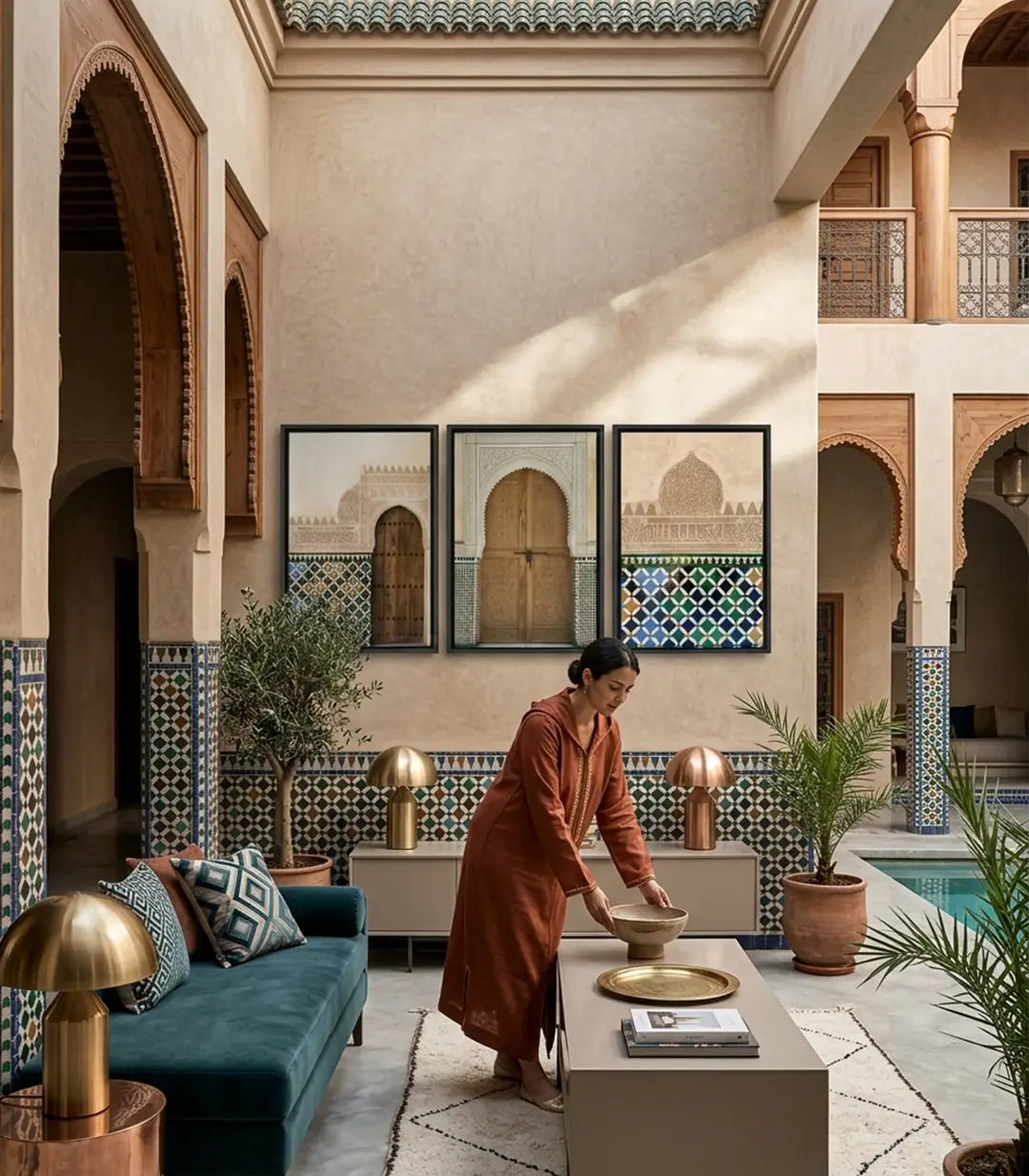 Mise en situation salon marocain — triptyque portes anciennes décoration murale Massinart