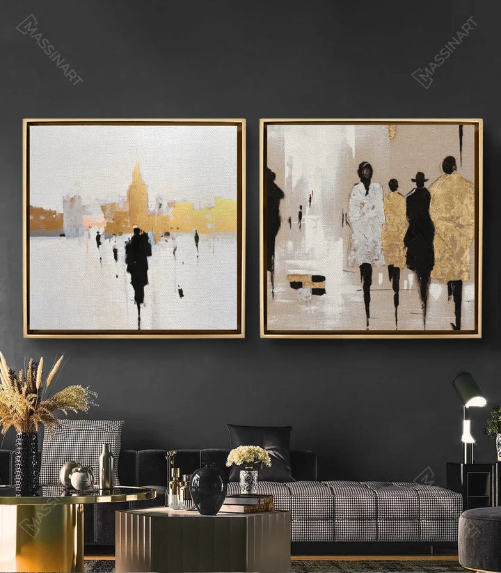 Tableau Fashion Show diptyque volet droit — femmes en tenue fashion beige et doré Massinart