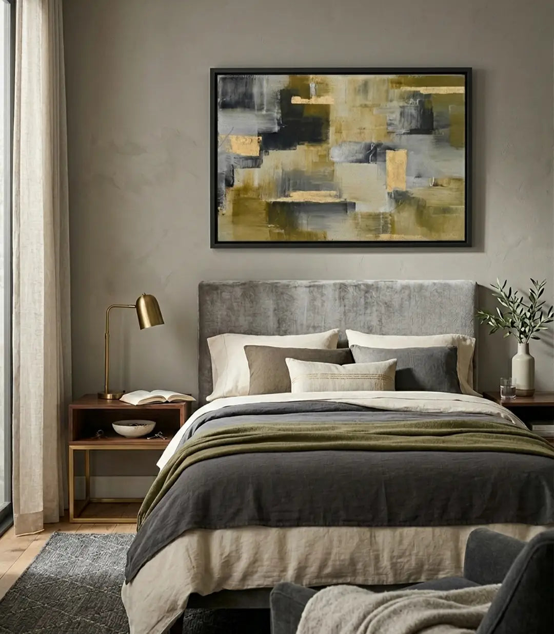Tableau Gilded Veins abstrait horizontal avec blocs dorés, gris et noir Massinart