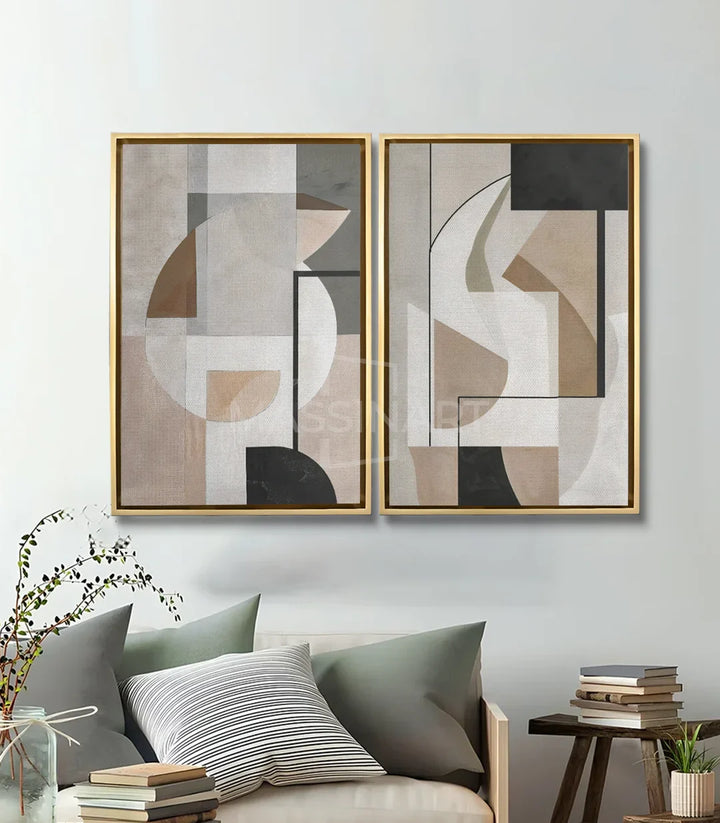Mise en situation salon moderne — diptyque geometric nuances au-dessus canapé Massinart