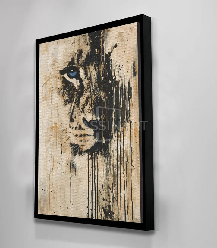 Chambre décorée avec tableau lion street-art Massinart palette beige noir