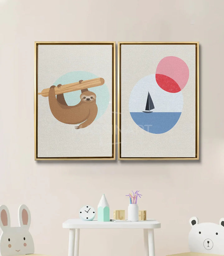 Mise en situation salon avec diptyque Lazy Koala Massinart — décoration intérieur enfant