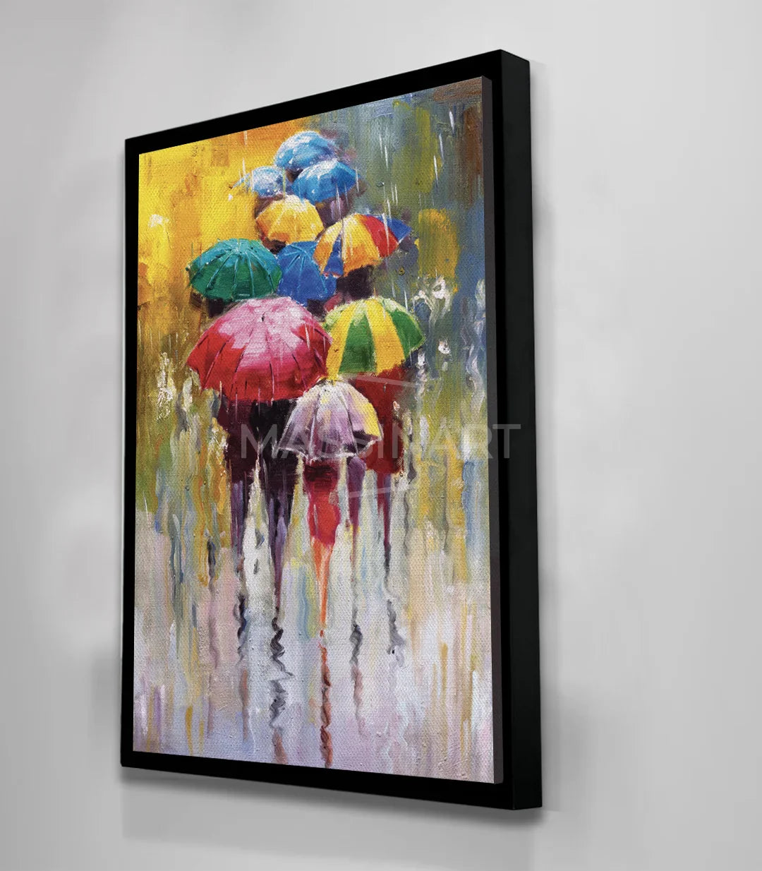 Tableau pluie urbaine — silhouettes parapluies rouge bleu vert rose Massinart