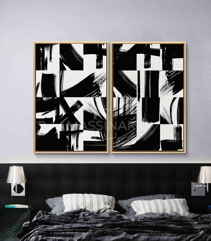 Mise en situation salon contemporain tableau abstrait diptyque Inked Massinart