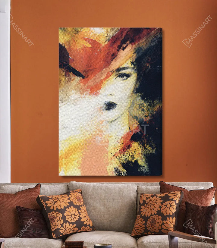 Tableau portrait femme expressionniste, couleurs chaudes, décor contemporain Massinart