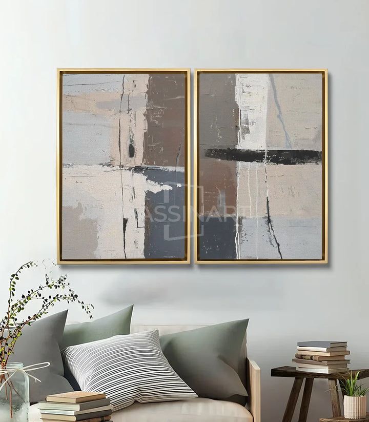 Mise en situation diptyque abstrait salon moderne gris taupe, Massinart
