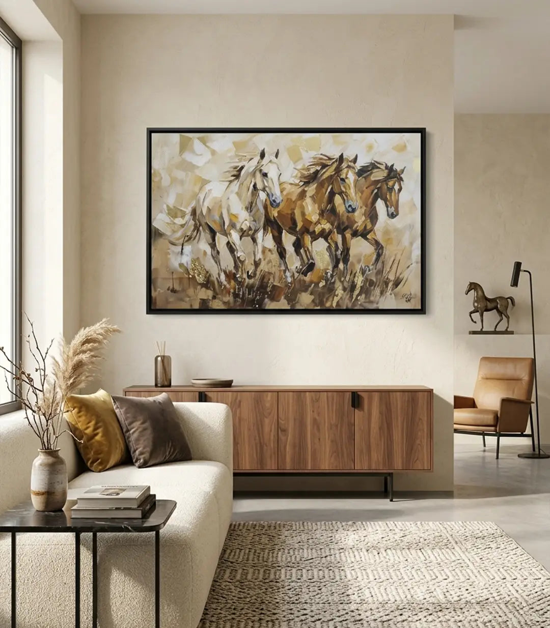 Tableau Sand Sprint Massinart — trois chevaux galopants tons beige marron blanc
