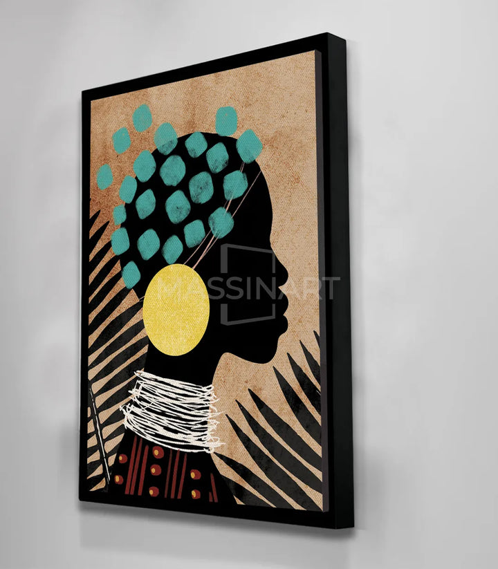 Tableau African Queen détail coiffure traditionnelle motifs turquoise Massinart