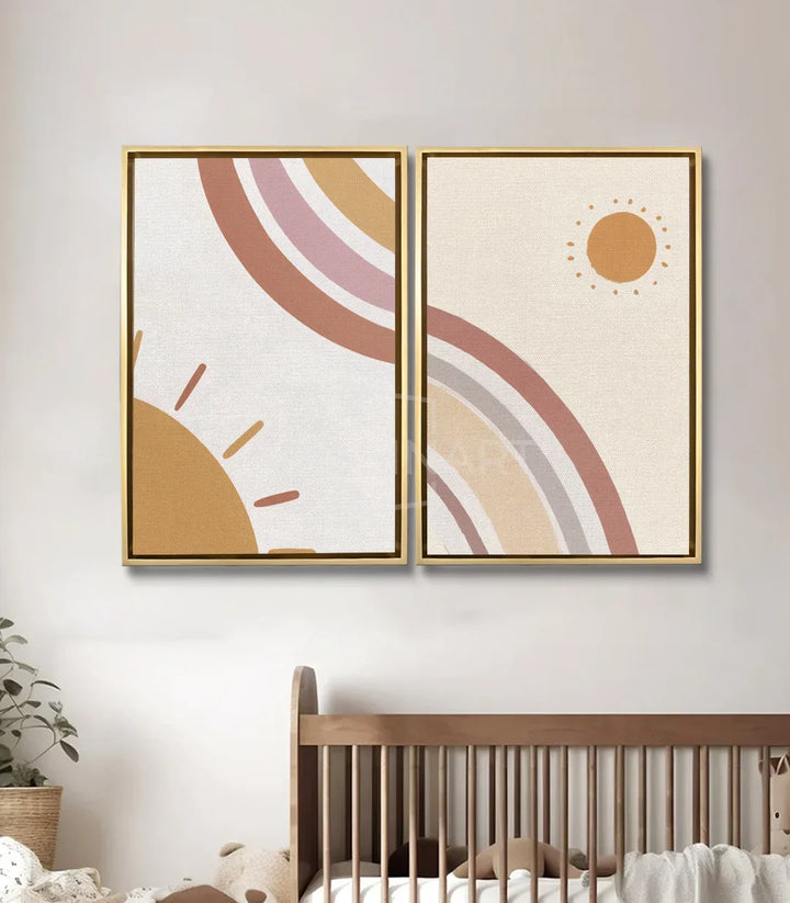 Mise en situation décoration chambre d'enfant diptique soleil minimaliste Massinart