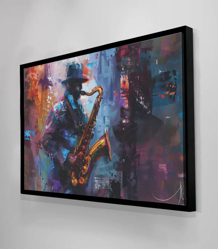 Tableau musique jazz moderne palette orange bleu mauve Massinart