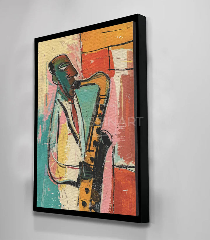 Tableau Jazz Vibes en mise en situation séjour Massinart — décoration palette chaude