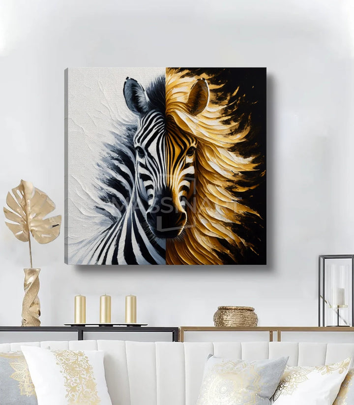 Tableau zèbre dual spirit en mise en situation chambre élégante beige doré — Massinart