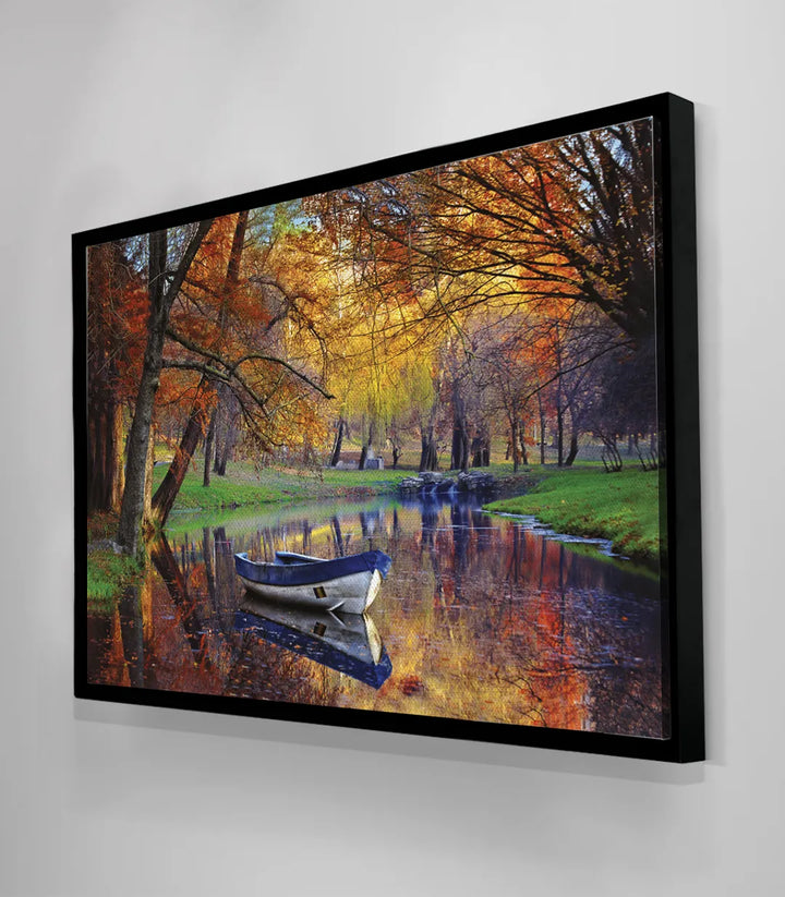 Paysage automne arbre doré barque bleue Massinart
