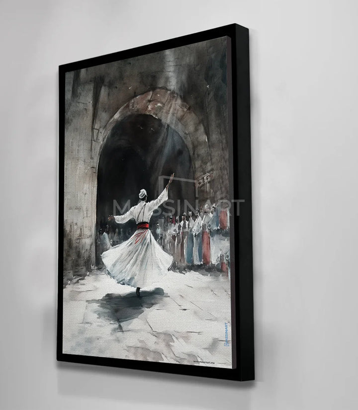 Détail peinture derviche rotation soufie, tons gris-blanc-noir, Massinart