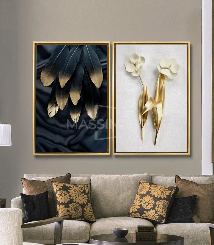 Tableau Plumes Dorées droite — fleurs blanches avec tiges dorées sur fond clair Massinart