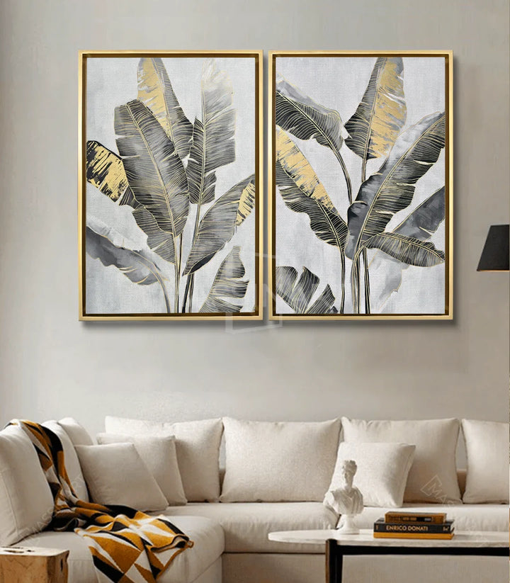 Mise en situation salon moderne — diptyque feuilles bananiers doré Massinart
