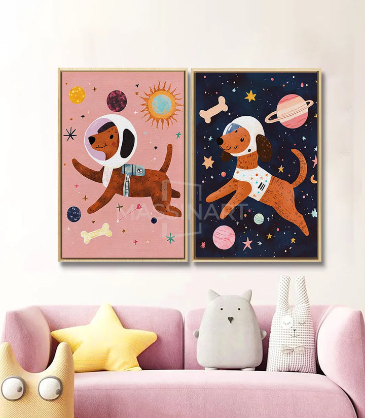 Tableau Astro Dogs diptyque chambre garçon illustration spatiale chien cosmique — Massinart