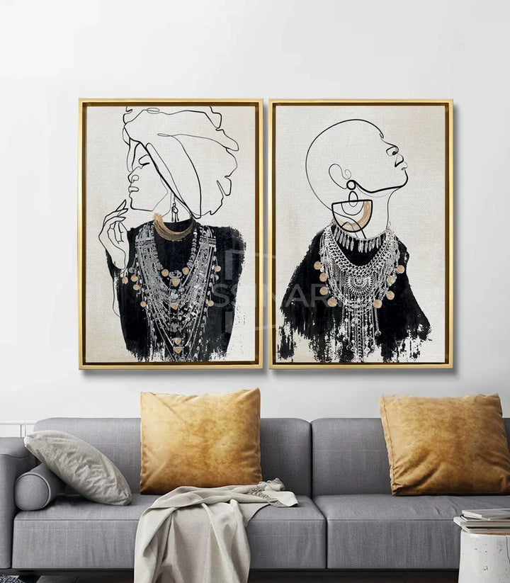Tableau Jewels of Africa mis en situation salon moderne gris et or Massinart