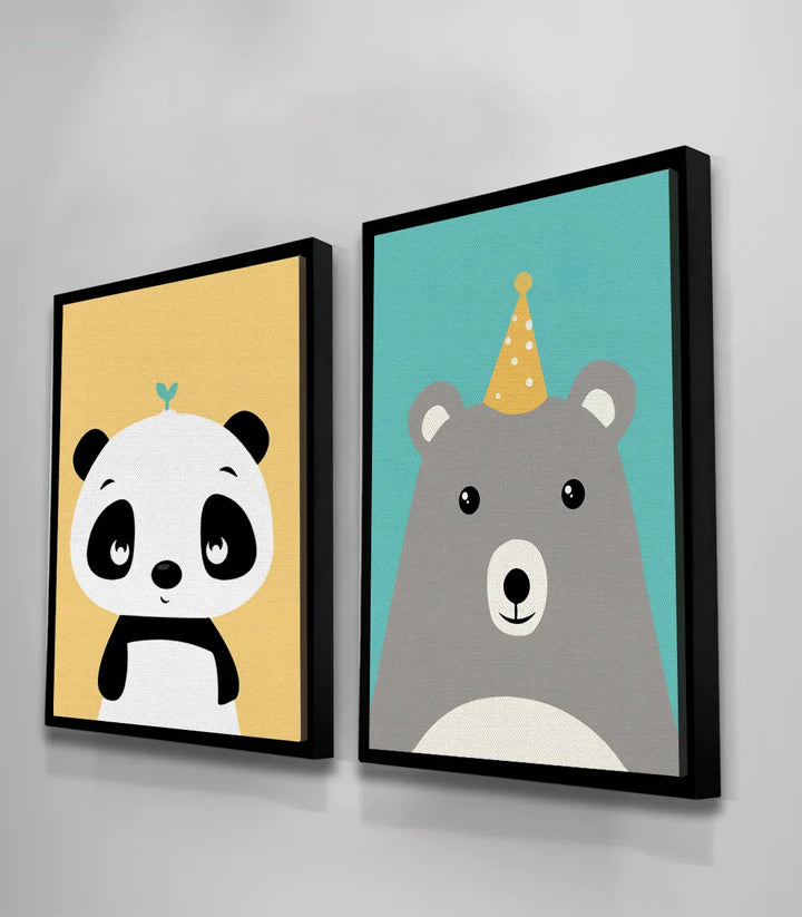 Mise en situation lit enfant avec diptyque Panda and Bea couleurs douces