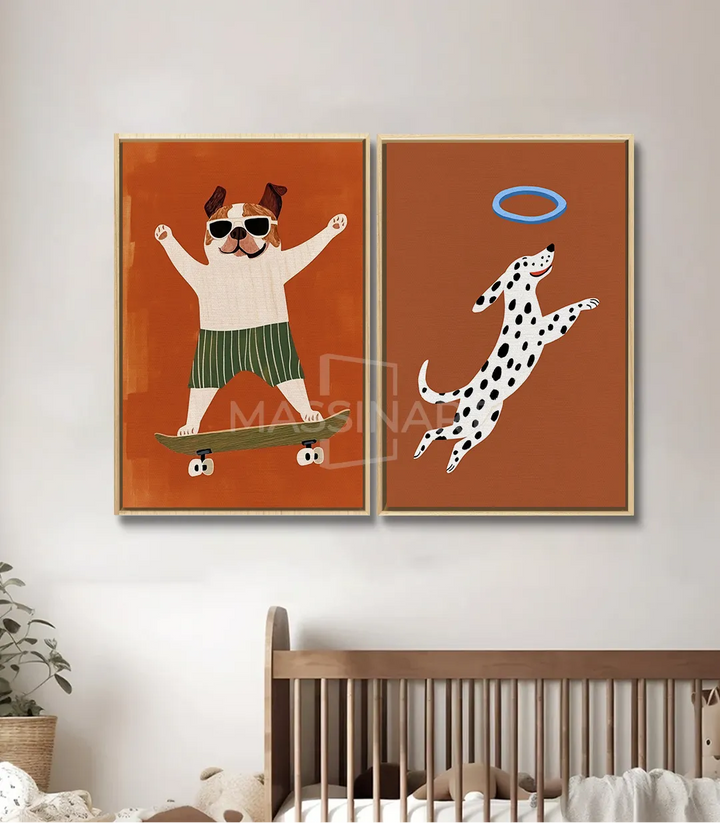 Mise en situation salon — diptyque Joyful Paws encadré noir sur mur blanc au-dessus d'une commode
