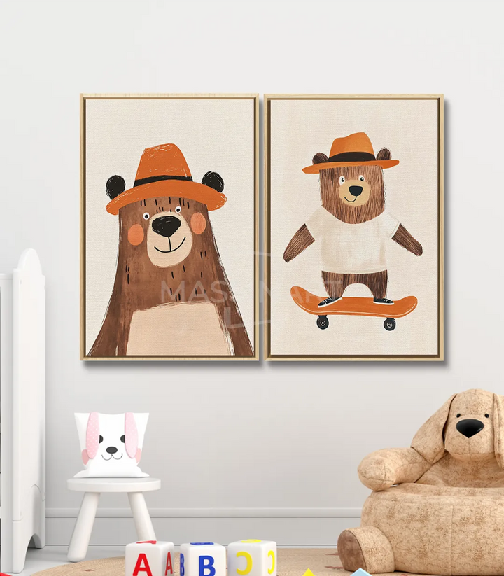 Décoration murale diptyque ours marron beige chambre garçon Massinart