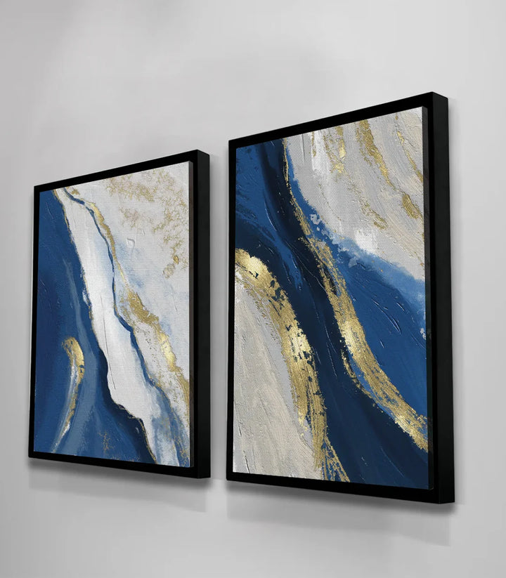 Mise en situation salon moderne avec diptyque Oceans au-dessus du canapé gris