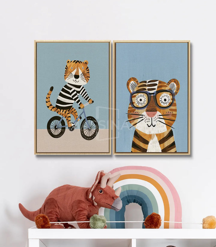 Diptyque illustrations animaux enfants Tiger Ride — décoration murale moderne Massinart
