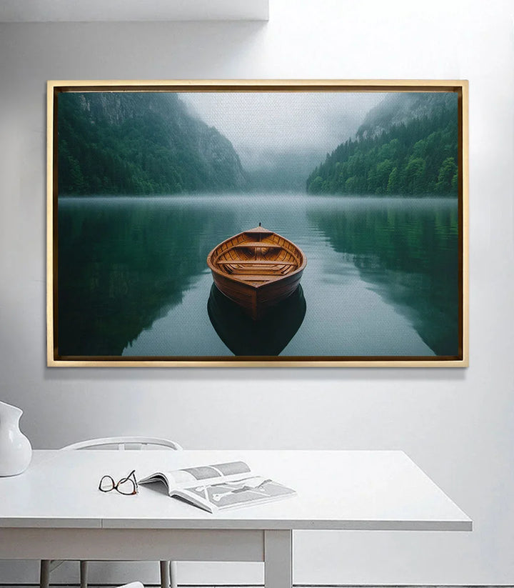 Mise en situation The Quiet Float - tableau paysage lac suspendu au-dessus bureau blanc minimaliste Massinart