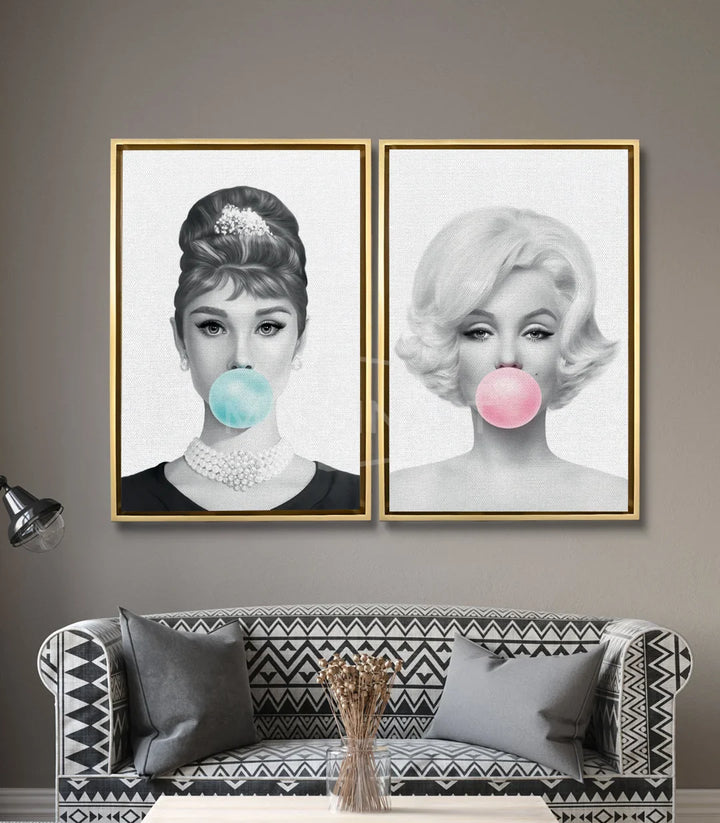 Tableau portrait Marilyn bulle chewing-gum rose noir blanc Massinart