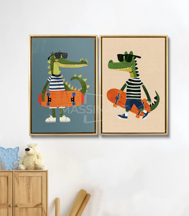 Tableau crocodile skateboard beige crème avec planche orange — Massinart