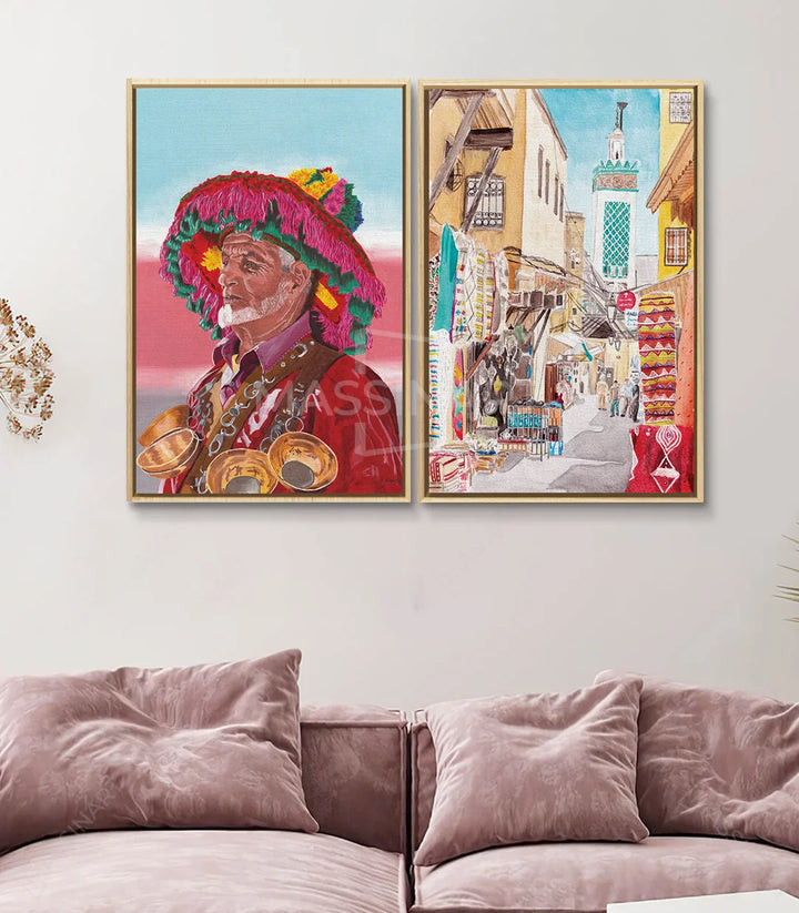 Tableau diptyque Marrakech Massinart — mise en situation décoration intérieur salon