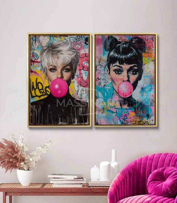 Tableau Bubble Icons diptyque — décoration intérieur salon moderne avec deux portraits pop-art Massinart