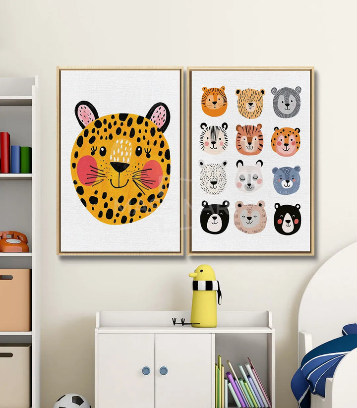 Tableau Furry Faces diptyque droit — 12 têtes d'animaux colorées (lion, ours, tigre, panda, raton-laveur), illustration jeunesse