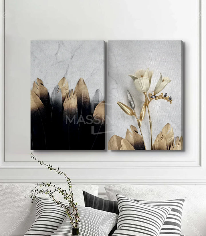 Tableau Songe diptyque — détail floral beige gris feuilles séchées Massinart