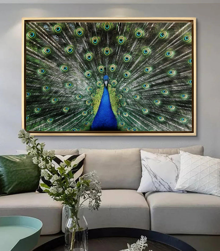 Mise en situation salon moderne Tableau Iridescent Glory Massinart au-dessus canapé
