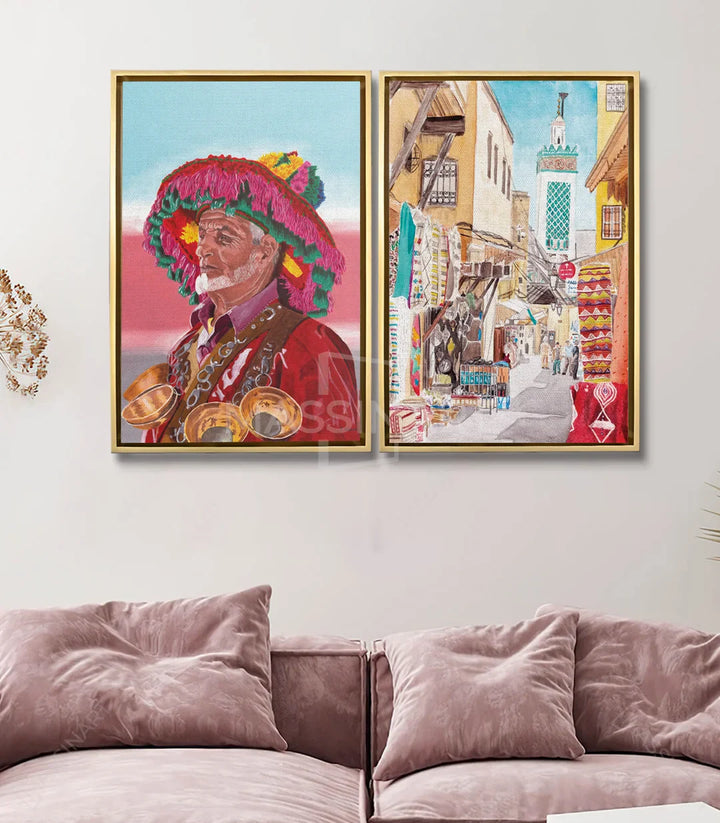 Tableau diptyque Marrakech Massinart — mise en situation salon marocain moderne